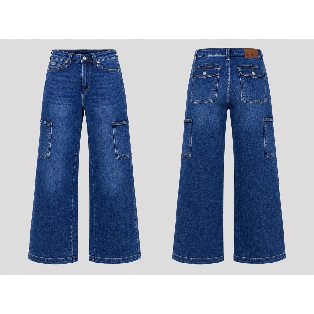 Judy Blue Wide Leg Cargo Jeans Womens 3/26 Blue Medium Wash High Rise Stretch